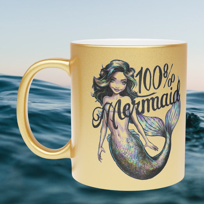 Gold metallic mug with mermaid illustration and “100% Mermaid” text on front