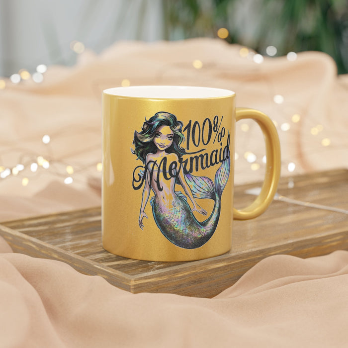 Gold metallic mug with mermaid graphic and handle, “100% Mermaid” on front