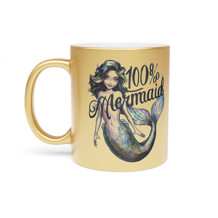 Gold metallic mug front with mermaid illustration and “100% Mermaid” text