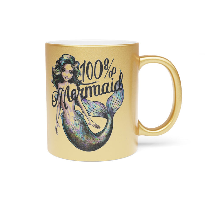 Gold metallic mug with mermaid graphic and “100% Mermaid” text, side view