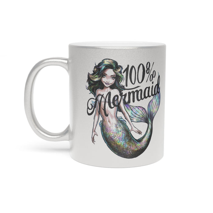Silver metallic mug with mermaid illustration and “100% Mermaid” text
