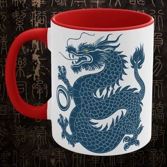 11oz accent mug with red handle and rim, white body, blue dragon artwork on front