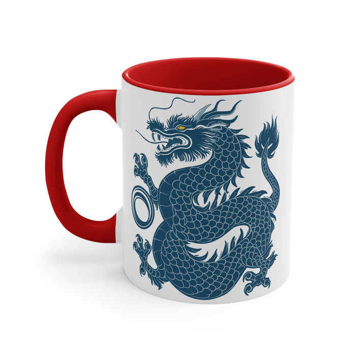 11oz accent mug with red handle and rim, white body, blue dragon graphic on front