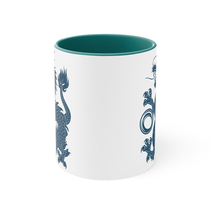 11oz accent mug back view with teal interior, white body, blue dragon pattern