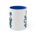 11oz accent mug back view with blue interior, white body, blue dragon pattern