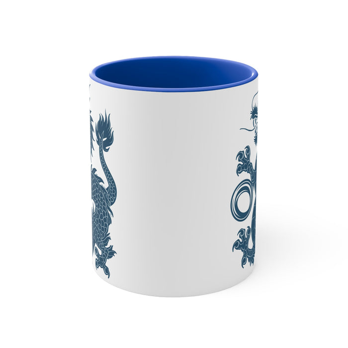 11oz accent mug back view with blue interior, white body, blue dragon pattern