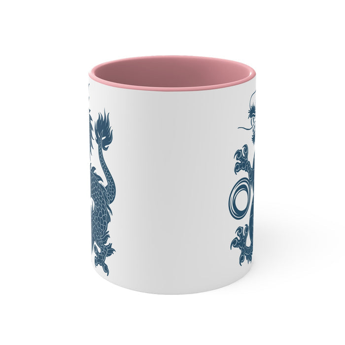 11oz accent mug back view with pink interior, white body, blue dragon pattern