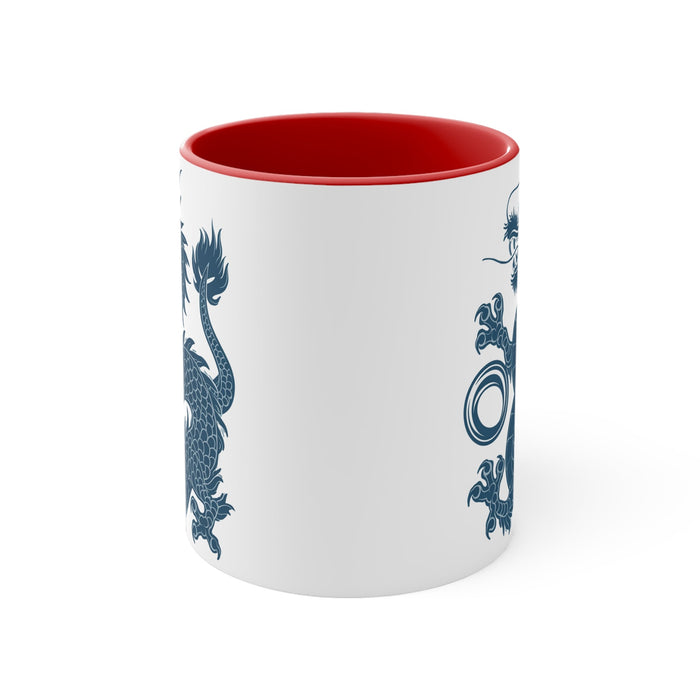 11oz accent mug back view with red interior, white body, blue dragon pattern