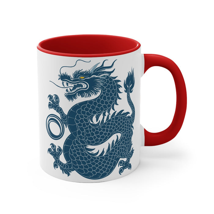11oz accent mug with red handle and rim, white body, blue dragon artwork on front
