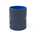 Blue accent mug showing partial mermaid artwork on side, with top rim