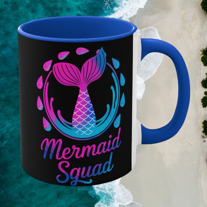 Blue-rimmed black 11oz accent mug with Mermaid Squad graphic and blue handle