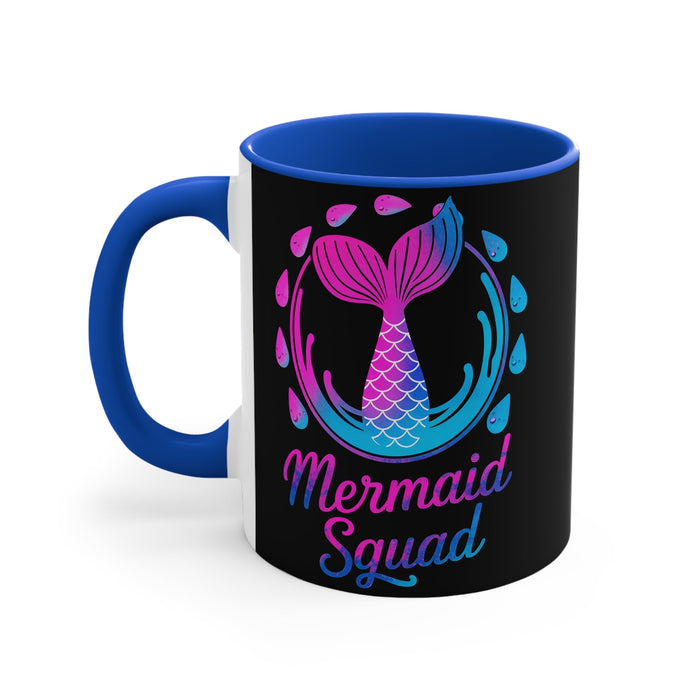 Black 11oz accent mug showing Mermaid Squad mermaid graphic, blue rim and handle