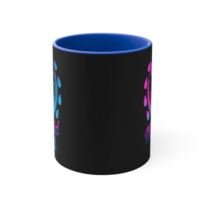 Black 11oz accent mug with blue and pink fin splash pattern, blue rim
