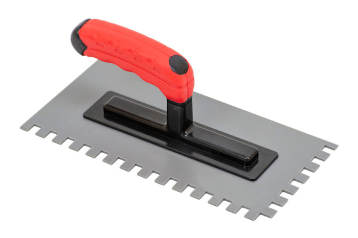 Notched trowel for installing floor heating mortar