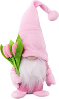 Pink plush gnome decoration with white beard and green-pink tulip bouquet