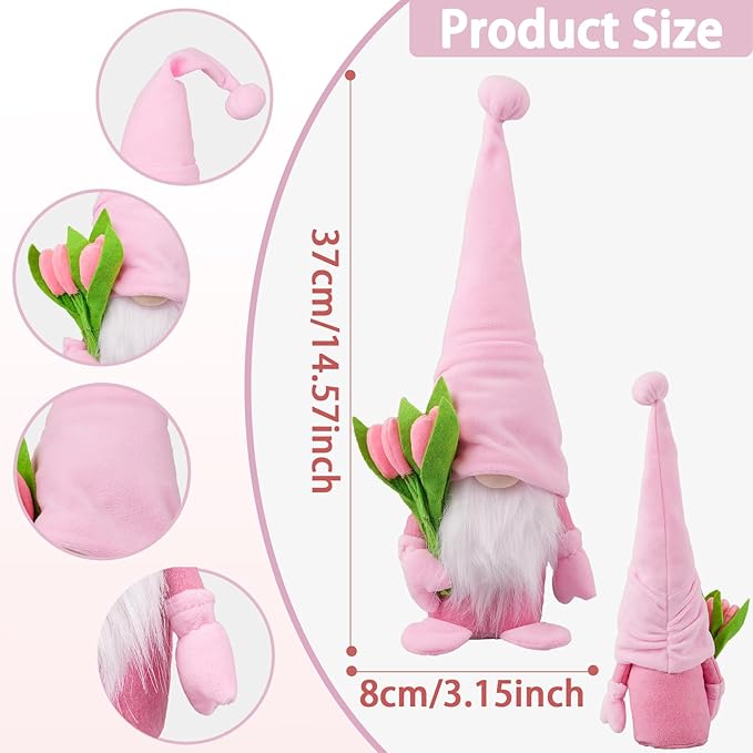 Pink plush gnome tabletop figure with long cone hat and green-pink flower bunch