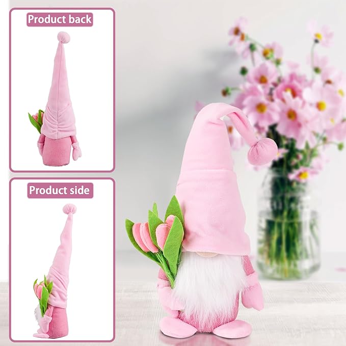 Pink plush gnome decoration with white beard and green-pink flower bouquet, side view