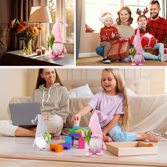 Plush gnome with pink hat, white beard, and green-pink flowers beside family on sofa