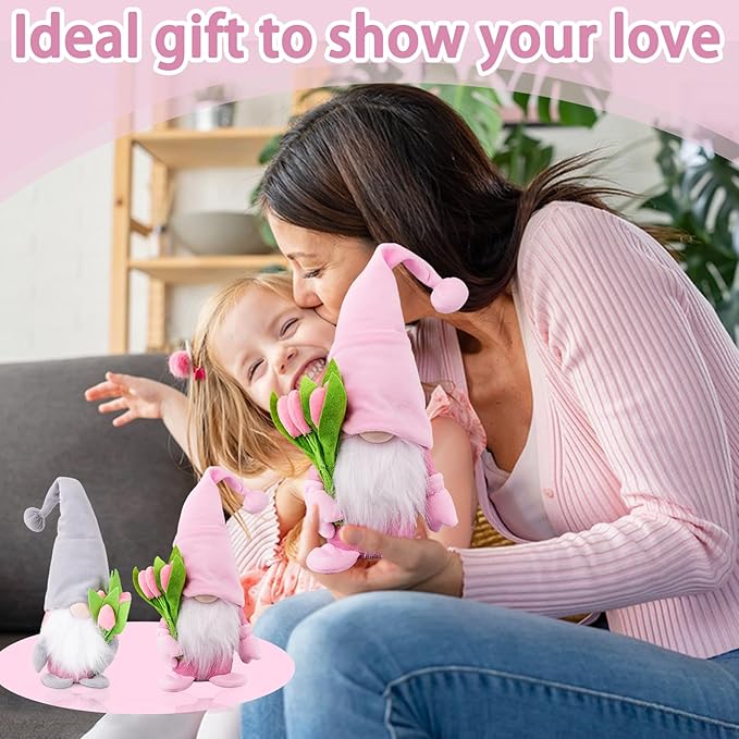Pink plush gnome with white beard and green-pink tulip bouquet held by child with mom