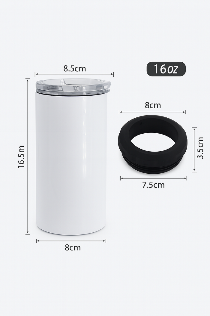 16oz 4-in-1 Sublimation Can Cooler with 2 Lids – White Stainless Steel