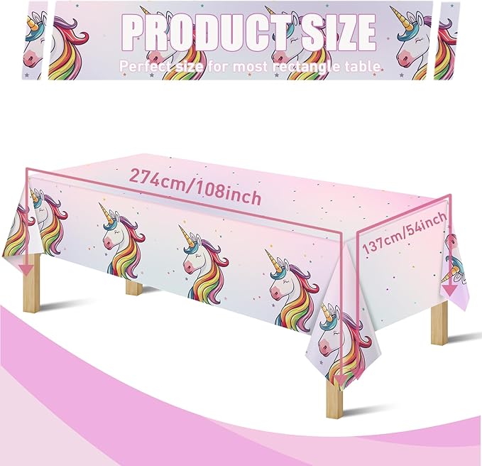 Unicorn tablecloth in pink and white with repeating rainbow unicorns and speckled stars