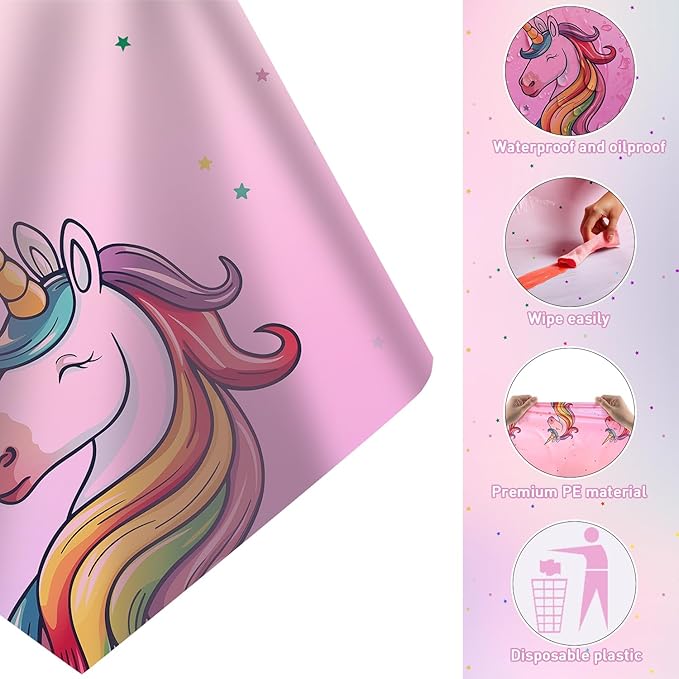 Pink unicorn tablecloth corner detail with rainbow unicorn illustration and small star accents