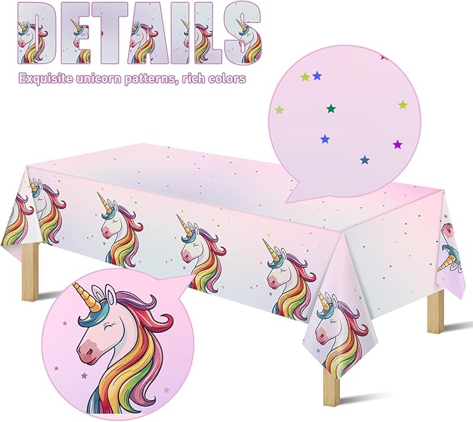 Unicorn plastic tablecloth with rainbow unicorn pattern, pink stars, and wide side drape