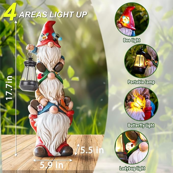 Triple solar garden gnome statue with multi-part light: lantern, bee, butterfly, ladybug