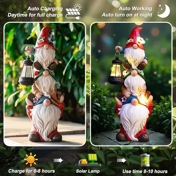 Triple solar gnome statue that auto-charges in daytime and turns on at night