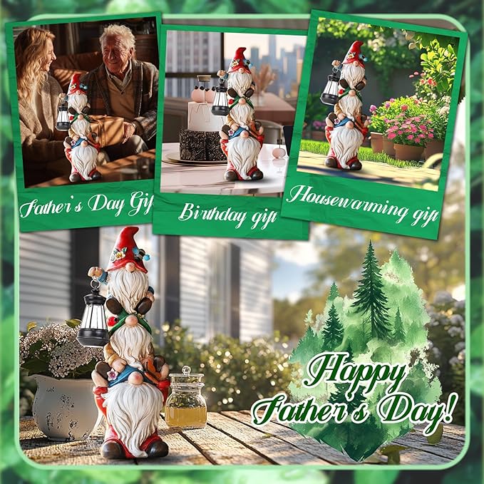 Triple solar gnome statue in a gift collage for Father’s Day, birthday, and housewarming