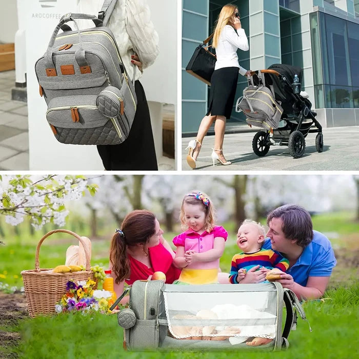 3-in-1 Diaper Bag Backpack with Foldable Baby Bed & USB Port