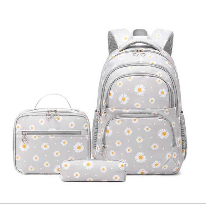 Light gray daisy school backpack set with matching lunch bag and zip pouch