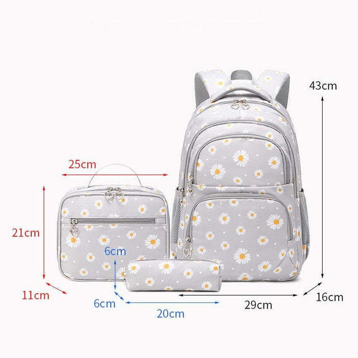 Light gray daisy school bag set with size diagram and matching zip pouch