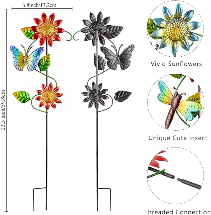 Three metal garden stakes with sunflower, butterfly, ladybug, and dragonfly; 23.5 in