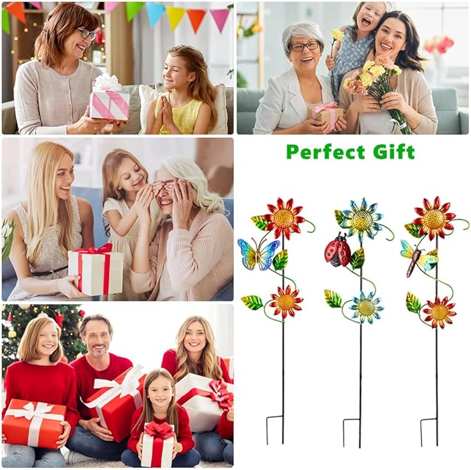 Three-piece metal garden stake set with sunflowers, butterflies, ladybug, and dragonfly