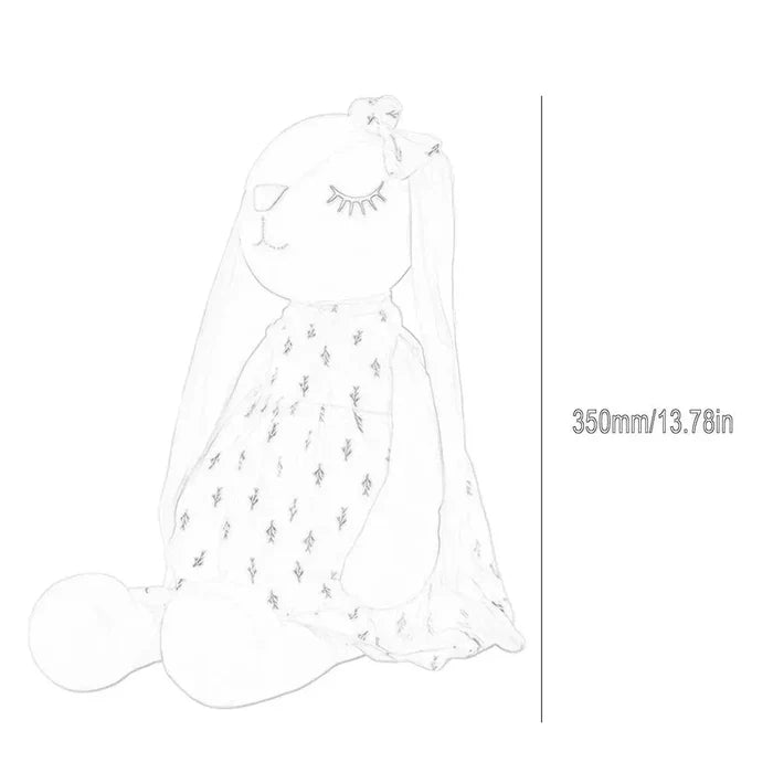 Sleeping rabbit plush toy line drawing with size 350mm and a cactus-pattern dress, light pink