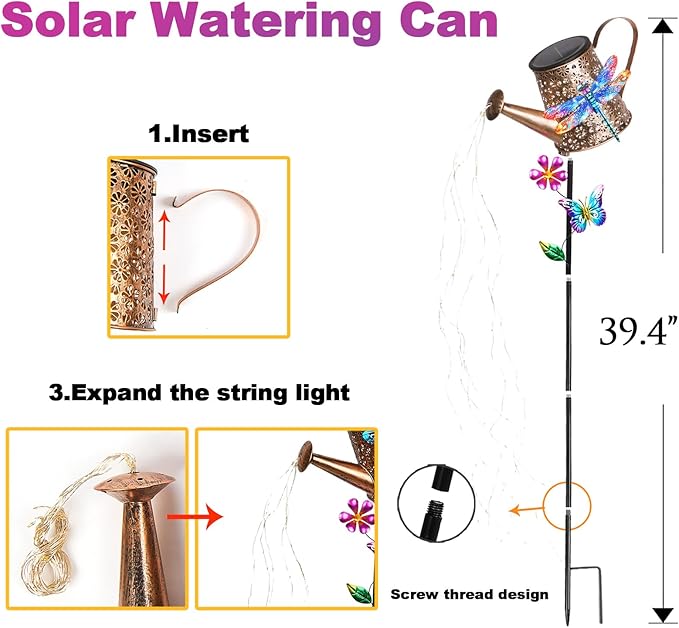 Solar watering can stake light diagram showing insert and expand string steps