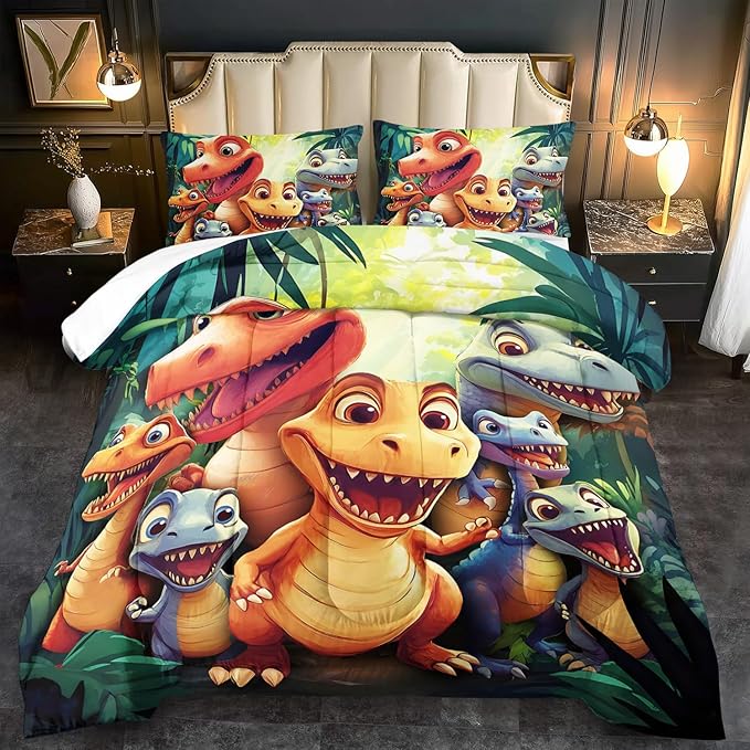 Queen-size dinosaur comforter set with colorful 3D cartoon dino characters and leafy print