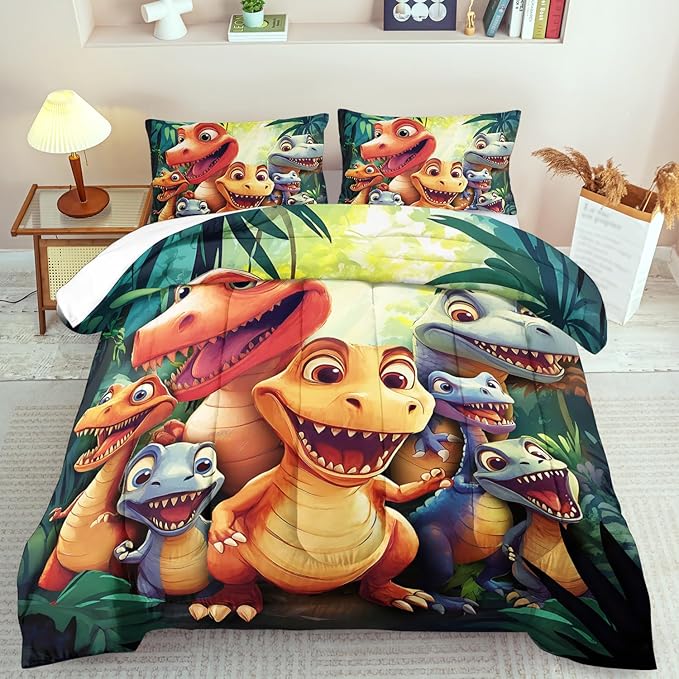 Dinosaur bedding set with bright 3D cartoon dino faces and green leaf pattern on comforter