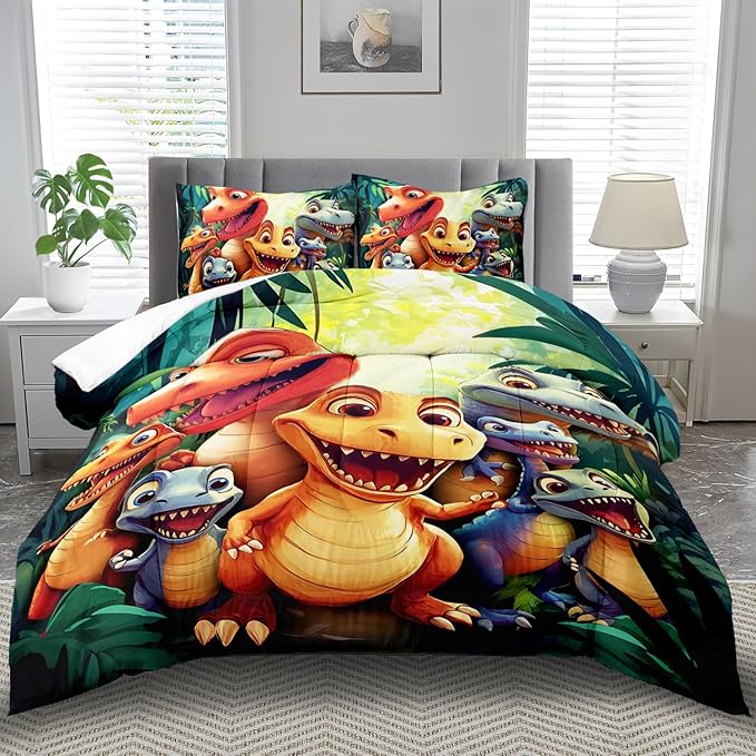 Dinosaur comforter with cartoon 3D dino crew, green palm leaves, and matching pillow shams