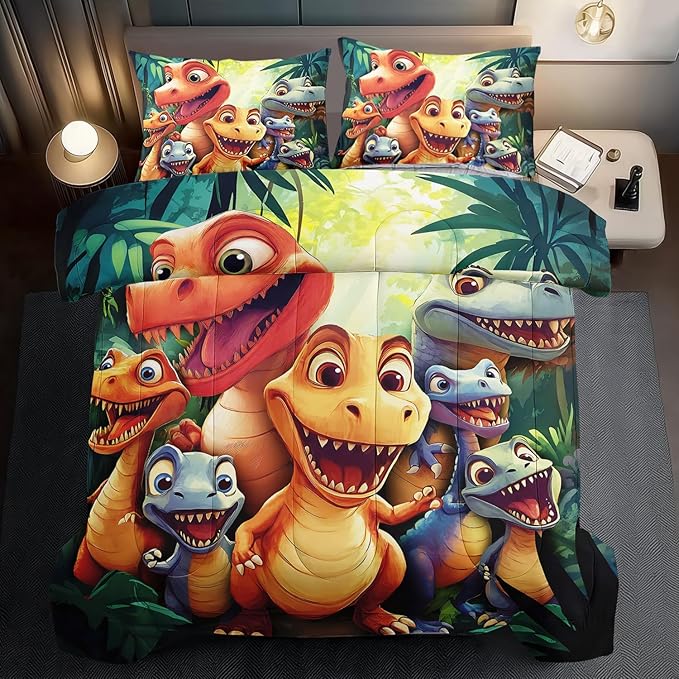 Kids dinosaur comforter set featuring cartoon dino and dragon faces with green leaf tropical design