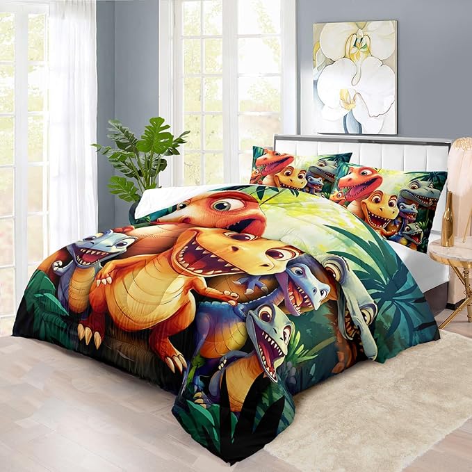 Dinosaur bedding comforter with large 3D reptile characters and tropical green leaf print