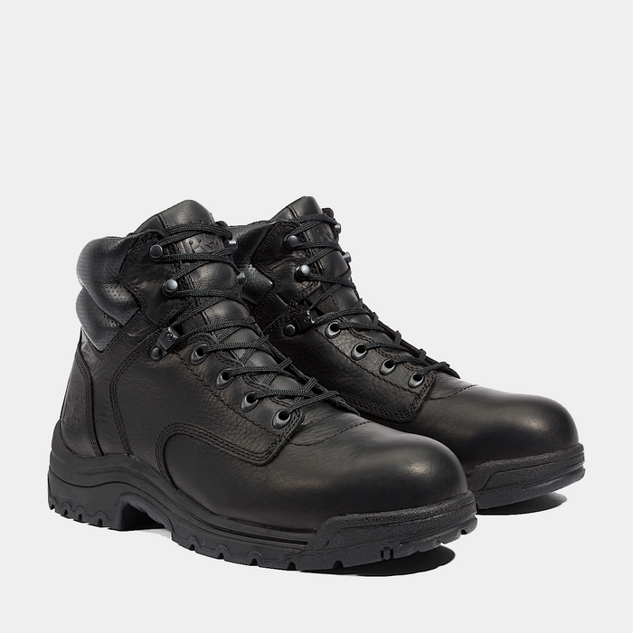 Timberland Pro 6" Titan Safety Toe Comfort Work Boots in black full-grain leather with padded collars and slip-resistant outsoles, angled front view.