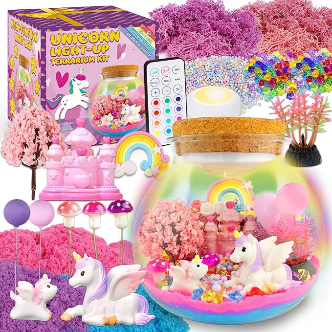 Unicorn light-up terrarium craft kit with LED night light, remote, and colorful parts