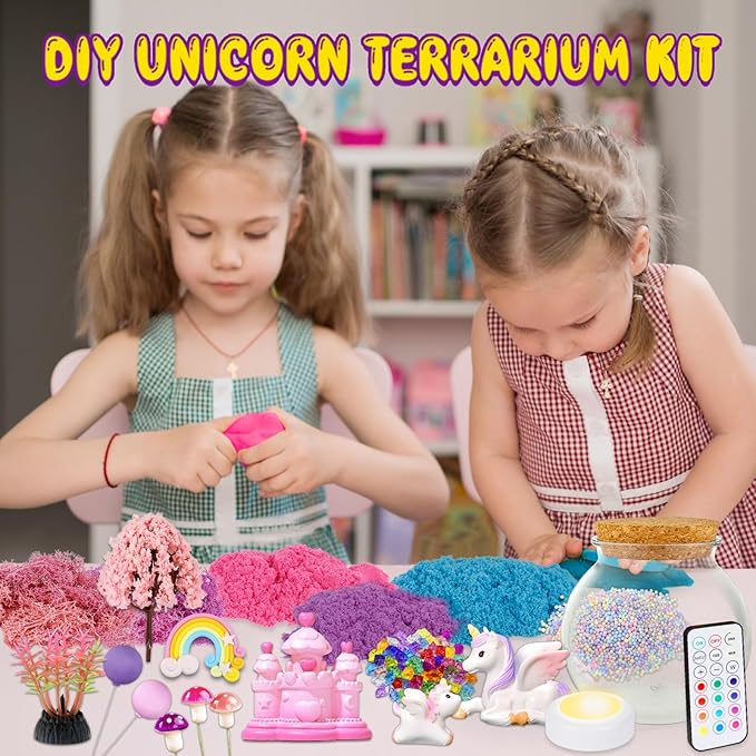 Kids using unicorn terrarium craft kit with LED lamp, foam trees, and rainbow accessories