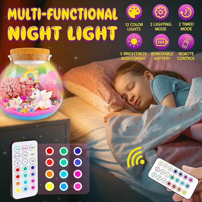 LED unicorn terrarium night light with remote and color modes for bedtime lighting