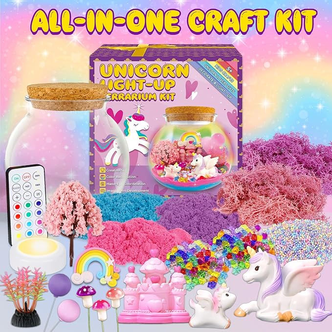 Unicorn terrarium craft kit with LED light, remote, jar, unicorn figures, and supplies