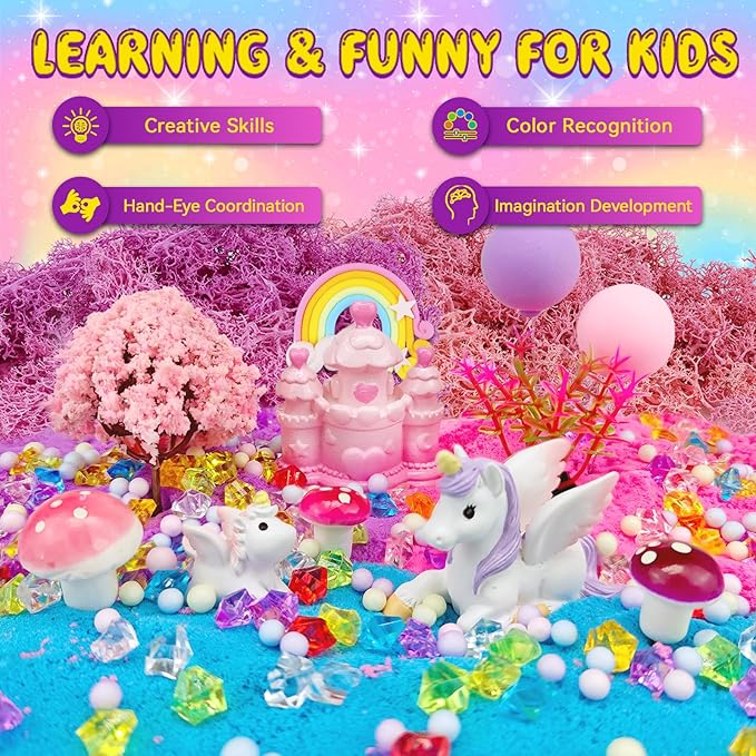 Unicorn terrarium craft with pink-and-blue base, unicorn figures, and colorful bead accents