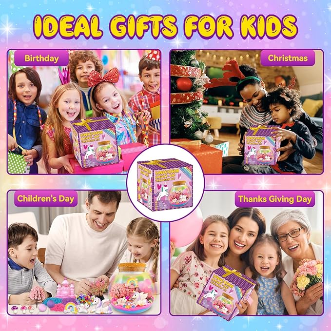 Unicorn terrarium craft kit gift box with kids holding the finished LED light display