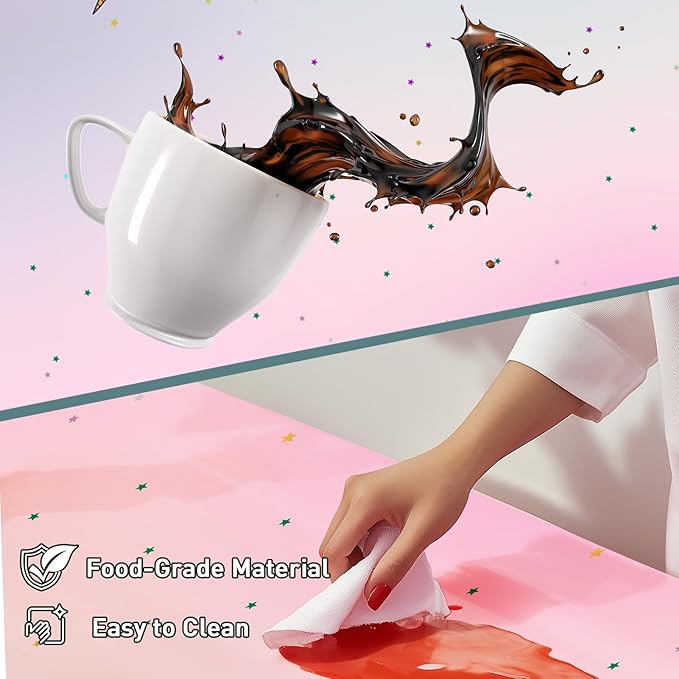Pink unicorn tablecloth corner being cleaned, disposable plastic with starry confetti